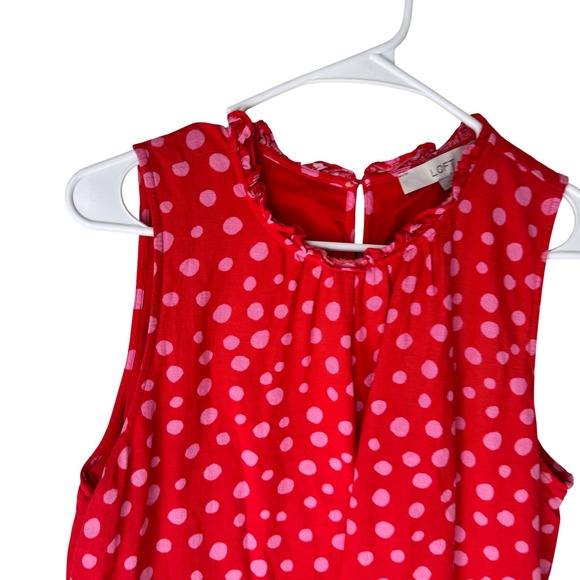 LOFT Red Pink Polka Dot Tiered Sleeveless Ruffle Neck Shift Dress Large - Picture 3 of 7
